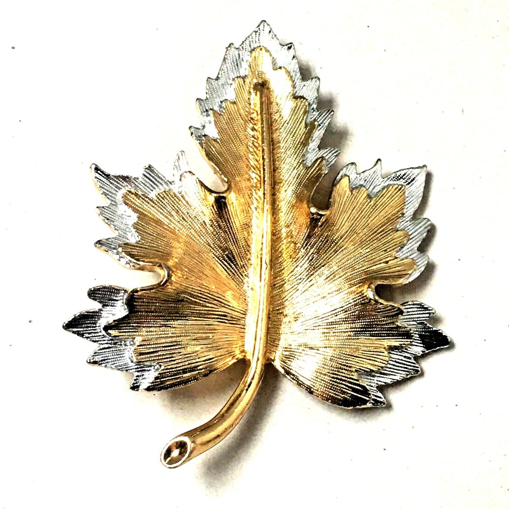 Vintage Sarah Coventry Maple Leaf Brushed Gold Silver Pin Signed Brooch